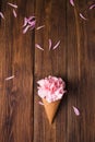 Flowers in a waffle cone. Pink carnations. Flowers on a wooden background Royalty Free Stock Photo