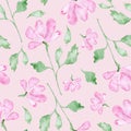 Flowers watercolor painting - hand drawn seamless pattern with blossom on pink background