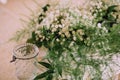 Flowers white jasmin greens asparagus bouquet glass vase