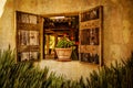 Flowers in the window of adobe style house