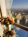 Flowers, window and city landscape. Royalty Free Stock Photo