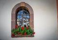 Flowers on the window of a home in an ancient building Royalty Free Stock Photo