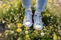 fashion woman lifestyle daisy female grass sneakers green white flowers spring. Generative AI.