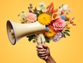 Flowers woman hand person day speech communication announce loudspeaker message loud megaphone yellow bullhorn