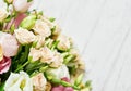 Flowers for women`s day. Mother`s day greeting card. Bouquet of flowers eustoma and roses in vase. Happy Birthday! Valentine`s Royalty Free Stock Photo