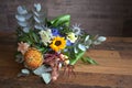 Flowers with wooden background and wooden table Royalty Free Stock Photo