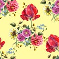 Watercolor bouquet flowers with tulip. Seamless pattern on a yellow background. Royalty Free Stock Photo