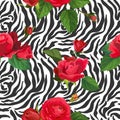 Flowers and Zebra Skin Seamless Pattern. Animal Fabric Background with Floral Elements Fashion Print Design for Wallpaper Royalty Free Stock Photo