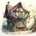 Flowershop in a hobbit city, fantasy, watercolor and ink Royalty Free Stock Photo