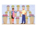 Flowershop interior. Florist selling bouquets. Woman at the refrigeration