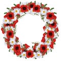 Flowerwreath of daisies, poppies and grass for celebration. Isolated on white