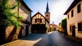 Flowery empty old historical street from the pavement of paving stones and the church on sunny day in small village