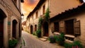 Flowery empty old historical street from the pavement of paving stones on sunset in small village. Generative AI