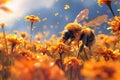 flowery meadow and bees. AI generative Royalty Free Stock Photo