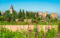 Flowery view of the Generalife and the Alhambra Palace in Granada, Andalusia, Spain.