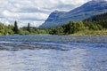 Flowing beautiful river lake Hemsila with mountain panorama,Hemsedal, Norway Royalty Free Stock Photo