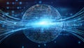 Flowing binary code streams creating a sphere around a radiant core in a secure digital landscape Royalty Free Stock Photo