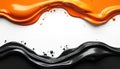 Flowing black, orange liquid textures on white background. Smooth wavy patterns of glossy substances. Black, orange fluid curves Royalty Free Stock Photo