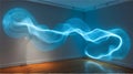 Abstract light installation featuring flowing blue lines projected on a gallery wall, creating a dynamic visual Royalty Free Stock Photo