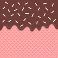 Flowing chocolate sauce on pink wafer vector with white sprinkles