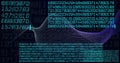 Flowing data waves and binary coding image over dark background with numbers Royalty Free Stock Photo