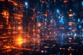 Abstract Digital Data Stream with Glowing Orange and Blue Lights, Futuristic Network Grid in a Virtual Cyber World Royalty Free Stock Photo