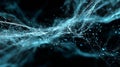 Flowing digital strands illuminated by bright particles, forming an abstract wave of interconnected data. Royalty Free Stock Photo