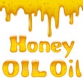 Flowing down yellow viscous liquid with honey and oil inscription Royalty Free Stock Photo