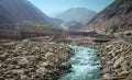 Flowing river along Karakoram highway and mountain range Royalty Free Stock Photo