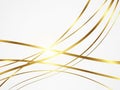 Flowing golden ribbons creating a dynamic abstract pattern on a clean white background with subtle light reflections Keywords: Royalty Free Stock Photo