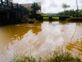 A flowing lake with a bridge across it and ducks moving around the lake. Royalty Free Stock Photo