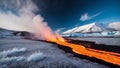 Flowing lava contrasts with icy landscape in a dramatic volcanic environment. Royalty Free Stock Photo
