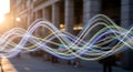 Flowing light streams, vibrant colorful energy waves, digital data transfer, urban background sunset Royalty Free Stock Photo