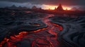 Flowing magma lava field, glowing lava and magma flows
