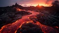 Flowing magma lava field, glowing lava and magma flows