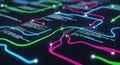 Flowing Neon Data Lines and Code Snippets on Dark Digital Background technology abstract Royalty Free Stock Photo