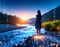 A flowing river made of binary codes and glowing light streams, a person standing by the shore, big data meets nature concept Royalty Free Stock Photo