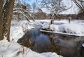 Flowing river in a snowy winter forest. Branches of trees covered with fresh snow on a sunny frosty day. Spring is Royalty Free Stock Photo