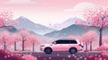 Flowing spring cherry blossoms and mountains in a forest of cherry trees. Family driving into an alley on a picnic in Royalty Free Stock Photo