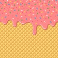 Flowing strawberry with rainbow sprinkles on wafer texture, Melted on waffle seamless background pattern