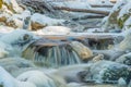 Flowing stream in winter. Ice on stones. Snow and frost in tiny forest river.  Long exposure image Royalty Free Stock Photo