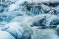 Flowing stream in winter. Ice on stones. Snow and frost in tiny forest river.  Long exposure image Royalty Free Stock Photo