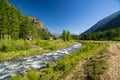 Flowing transparent waters on high altitude alpine stream in idyllic uncontaminated environment in the Alps. Ultra wide angle view Royalty Free Stock Photo