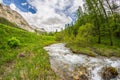 Flowing transparent waters on high altitude alpine stream in idyllic uncontaminated environment in the Italian French Alps. Ultra