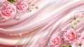 Flowing wallpaper featuring luxury flowing textile, flowers, and glossy beads on a pink silk cloth background. Texture Royalty Free Stock Photo