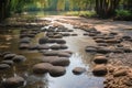 flowing water over smooth pebbles and stepping stones in the park Royalty Free Stock Photo