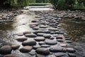 flowing water over smooth pebbles and stepping stones in the park Royalty Free Stock Photo