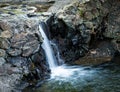 Flowing waterfall over rocks to a small pond