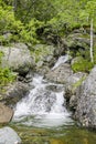 Flowing waterfall river Lake Hemsila in Hemsedal, Norway