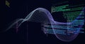 Flowing wave image over colorful programming code lines on dark background